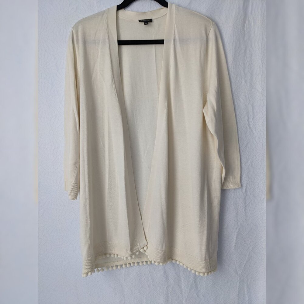 TALBOTS Open Knit Cotton Blend Sweater Cardigan Pom Pom Trim Off White Size XLp